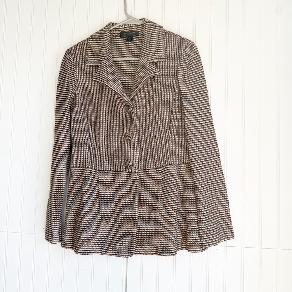 St. John Size 6 Brown Striped Tailored Knit Peplum Jacket Blazer